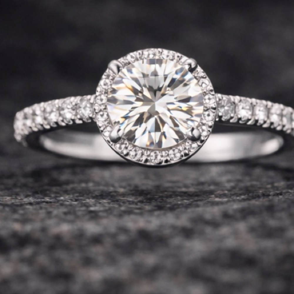 NWOT Moissanite Rose Halo Ring ✨ White Gold Over Sterling Silver